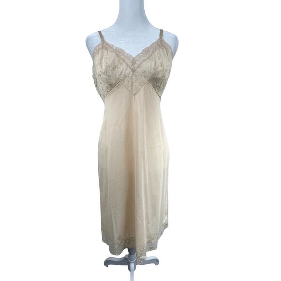 VTG Vanity Fair Beige Long Slip Dress Sz S Petticoat Lace Nylon Lingerie Sexy - Picture 1 of 6